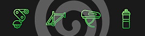 Set line Bicycle helmet, Derailleur bicycle rear, frame and Sport bottle with water. Gradient color icons. Vector