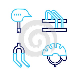 Set line Bicycle helmet, fork, parking and icon. Vector