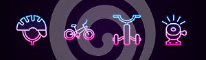 Set line Bicycle helmet, , for kids and bell. Glowing neon icon. Vector