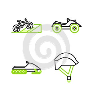Set line Bicycle helmet, Snowmobile, All Terrain Vehicle or ATV motorcycle and on street ramp icon. Vector