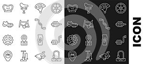 Set line Bicycle lock, pedal, helmet, frame, shoes, punctured tire and pedals icon. Vector