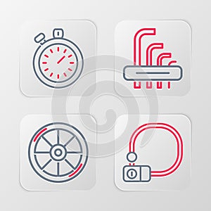 Set line Bicycle lock, wheel, Tool allen keys and Stopwatch icon. Vector