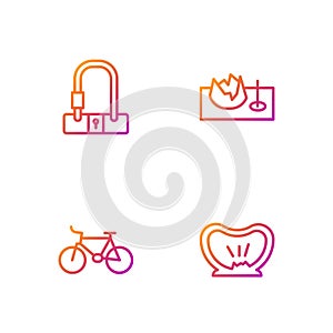 Set line Bicycle punctured tire, , lock and on street ramp. Gradient color icons. Vector