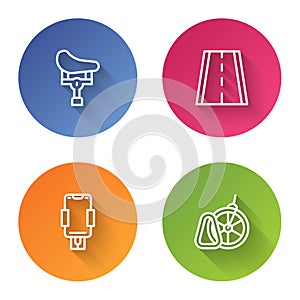 Set line Bicycle seat, lane, Mobile holder and parking. Color circle button. Vector