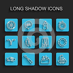 Set line Bicycle shoes, Screwdriver, wheel, Mountain bicycle, Tool allen keys, fork, tire and Cycling shorts icon