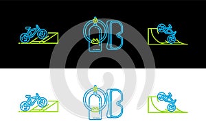 Set line Bicycle on street ramp, and Diving mask and aqualung icon. Vector