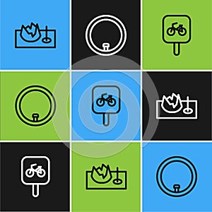 Set line Bicycle on street ramp, parking and wheel icon. Vector