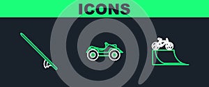 Set line Bicycle on street ramp, Surfboard and All Terrain Vehicle or ATV motorcycle icon. Vector