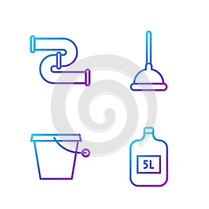 Set line Big bottle with clean water, Bucket, Industry metallic pipe and Rubber plunger. Gradient color icons. Vector