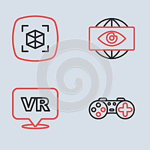 Set line Big brother electronic eye, Virtual reality, Gamepad and 3d modeling icon. Vector