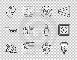 Set line Billiard ball, pocket, table, Bowling, pin, and and chalk icon. Vector