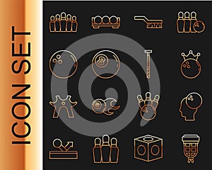 Set line Billiard pocket, Bowling ball, Pool table brush, pin and cue icon. Vector