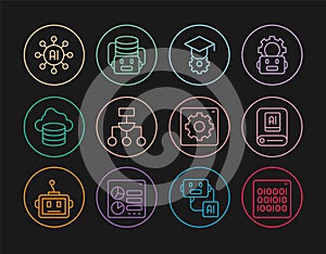 Set line Binary code, Artificial intelligence AI, Graduation cap, Algorithm, Cloud database, Neural network, Computer