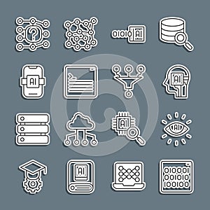 Set line Binary code, Artificial intelligence AI, Humanoid robot, Web developer programming, Neural network and Funnel
