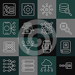 Set line Binary code, Artificial intelligence AI, Processor CPU, Neural network, Chat bot, Computer api interface and