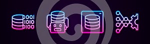 Set line Binary code, Artificial intelligence robot, Server, Data and Neural network. Glowing neon icon. Vector