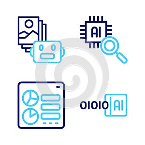 Set line Binary code, Computer api interface, Processor CPU and Artificial intelligence robot icon. Vector