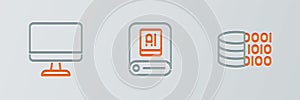 Set line Binary code, Computer monitor and Artificial intelligence AI icon. Vector