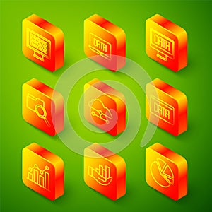 Set line Binary code, Data analysis, Search with folder, Network cloud connection, Pie chart infographic and icon