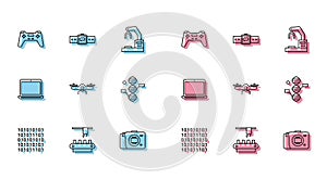 Set line Binary code, Factory conveyor system belt, Gamepad, Mirrorless camera, Drone flying, DNA symbol, Laptop and