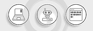 Set line Binary code, Laptop and Robot icon. Vector