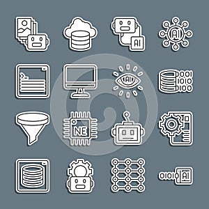 Set line Binary code, Neural network, Artificial intelligence robot, Computer monitor, Web developer programming, and AI