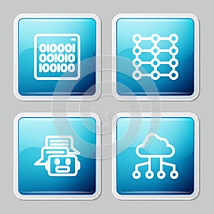 Set line Binary code, Neural network, Chat bot and Network cloud connection icon. Vector