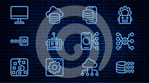 Set line Binary code, Neural network, Cloud technology data transfer, Artificial intelligence robot, Computer monitor
