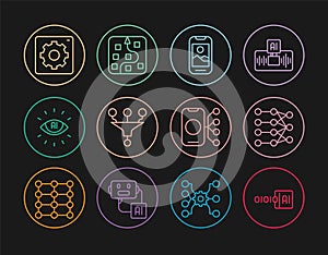 Set line Binary code, Neural network, Mobile phone, Funnel filter, Artificial intelligence AI, Computer api interface