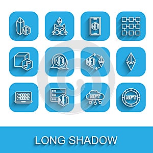 Set line Binary code, NFT blockchain technology, Digital crypto art, cloud, Ethereum ETH and exchange icon. Vector