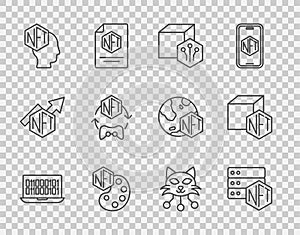 Set line Binary code, NFT blockchain technology, Digital crypto art, and icon. Vector