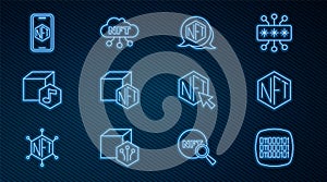 Set line Binary code, NFT Digital crypto art, Mobile with store app, and cloud icon. Vector