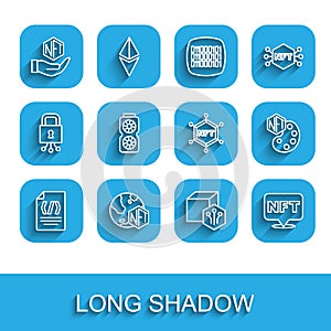 Set line Binary code, NFT Digital crypto art, Video graphic card, and blockchain technology icon. Vector