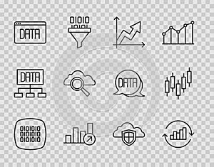 Set line Binary code, Pie chart infographic, Financial growth, Data analysis, Search cloud computing, Cloud and shield