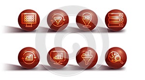 Set line Binary code, Pie chart infographic, Server, Sales funnel with, Search globe and Data analysis icon. Vector