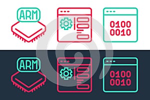 Set line Binary code, Processor and Browser setting icon. Vector
