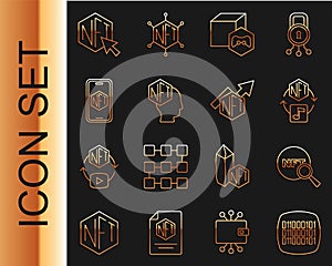 Set line Binary code, Search NFT, Digital crypto art, Mobile with store app, and growth bar chart icon. Vector