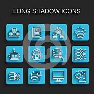 Set line Binary code, Server, Data, Artificial intelligence AI, Computer monitor, Neural network, Robot setting, and