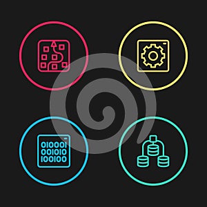 Set line Binary code, Server, Data, Computer api interface and Neural network icon. Vector
