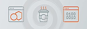 Set line Binary code, Software and Coffee cup to go icon. Vector