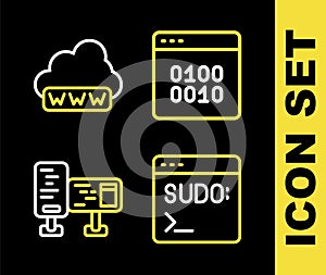 Set line Binary code, Code terminal, Computer monitor screen and Web development icon. Vector