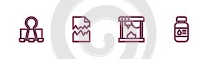 Set line Binder clip, 3D printer, Torn document and Printer ink bottle icon. Vector