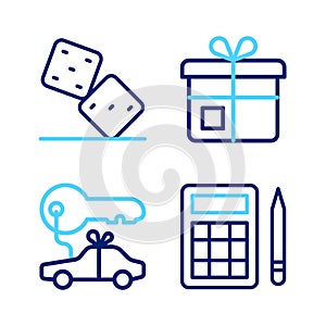 Set line Bingo card, Car gift, Gift box and Game dice icon. Vector