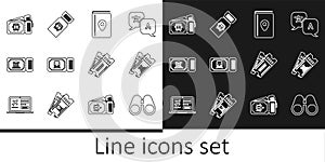 Set line Binoculars, Museum ticket, Cover book travel guide, Train, Bus, Ticket and icon. Vector