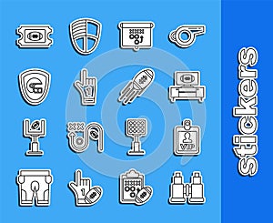 Set line Binoculars, VIP badge, American football on tv program and stand, Planning strategy concept, Number 1 one fan