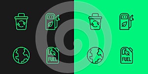 Set line Bio fuel canister, Earth globe, Recycle bin and Petrol or gas station icon. Vector