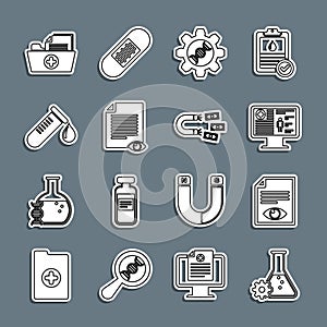 Set line Bioengineering, Paper page with eye, Clinical record on monitor, Genetic, Test tube drop of blood, Health