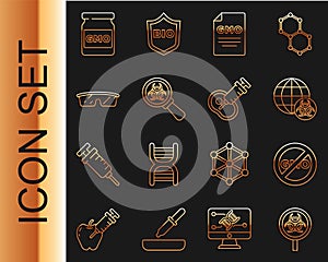 Set line Biohazard and magnifying glass, No GMO, Laboratory glasses, and Genetically modified meat icon. Vector