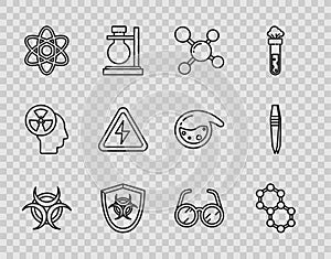 Set line Biohazard symbol, Molecule, on shield, Atom, High voltage sign, Laboratory glasses and Tweezers icon. Vector