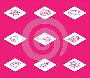 Set line Biohazard symbol, Radioactive in shield, Magnet, Water drop, Microorganisms under magnifier, Laboratory